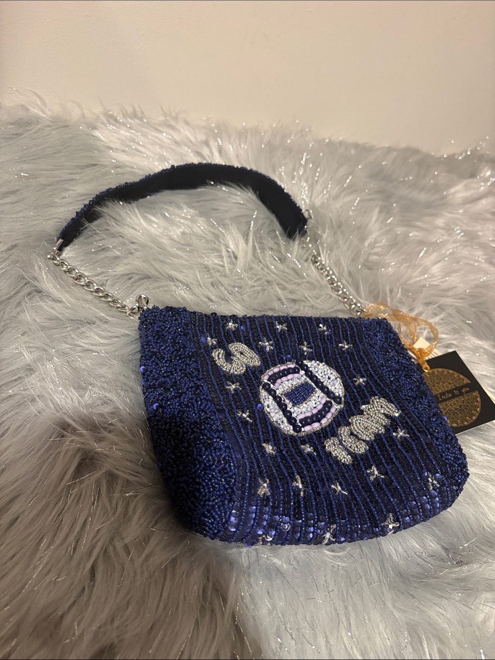 BNWT MADE IN INDIA Viral Beaded Navy Go Team Football Shoulder Bag